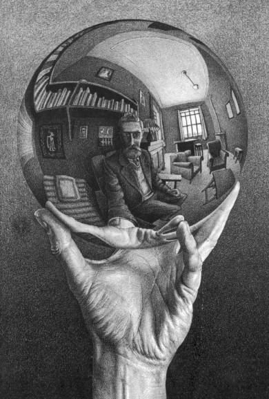 ”Hand met spiegelende bol”, een lithografie van M.C. Escher uit 1935 