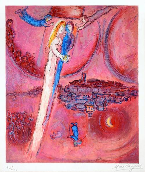 Dit litho heet “Hooglied” en is in 1975 gemaakt door Marc Chagall. Het boek Hooglied gaat over de éénwording van de man en de vrouw. Rabbi Akiba noemde Hooglied het “Heilige van de heiligen” van de Hebreeuwse Bijbel  