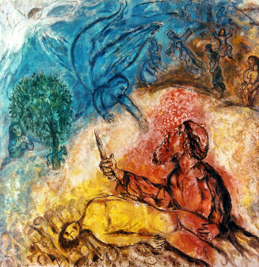 De binding van Izak, in 1956 geschilderd door Marc Chagall. In de rechterbovenhoek zie je Jezus die het kruis draagt. 