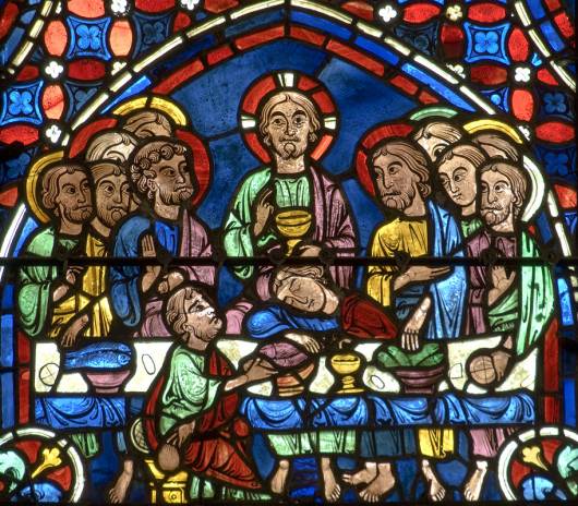  Dit paneel heet ‘het laatste avondmaal’ en is onderdeel van ‘het leven van de apostelen’, raam 0 in de Chartres Kathedraal. De foto is gemaakt door Dr Stuart Whatling en met toestemming overgenomen van zijn site “The Corpus of Medieval Narrative Art” (zie http://www.medievalart.org.uk).  